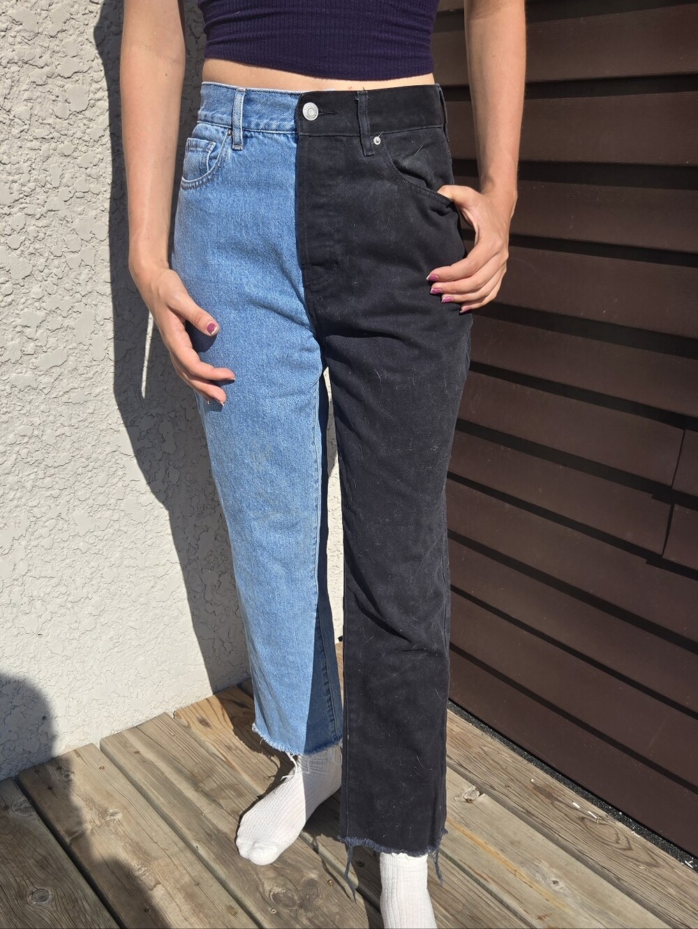 Women's PacSun Edgy Two-Tone Blue and Black High Rise Straight Leg Denim Jeans